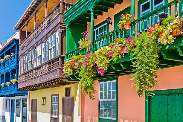 Colorful balconies in Santa Cruz de la Palma stock photo