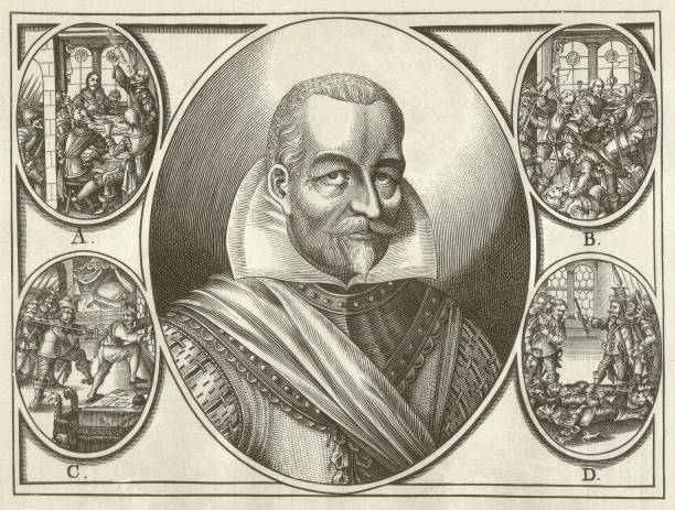 Albrecht von Wallenstein (1583-1634), wood engraving, published in 1881 Portrait of Wallenstein and four small medallions with scenes of his assassination at Eger. Albrecht von Wallenstein (1583 - 1634) was the supreme commander of the armies of the Habsburg Monarchy and one of the major figures of the Thirty Years' War. Wood engraving after an etching, published in 1881. eger stock illustrations