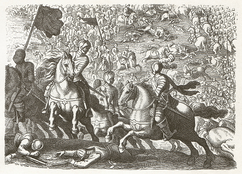 Flight of the imperial cavalry at the Battle of Lützen (1632) during the Thirty Years' War. Wood engraving after a contemporary original by Matthäus Merian (Swiss-German, engraver and publisher, 1593 - 1650), published in 1881.