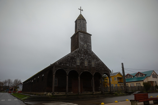 Traditional antique wood church in the archipelago of Chiloe at the Chilean Lake District, Achao Town, Chile