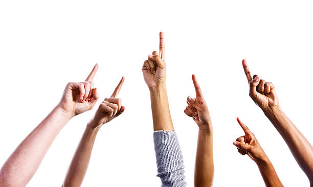 istock Up there! Six mixed hands all pointing upwards 155072525