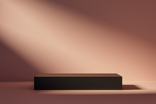 3d presentation black pedestal or dais over pink background illuminated by sunlight. 3d rendering of mockup of presentation podium for display or advertising purposes