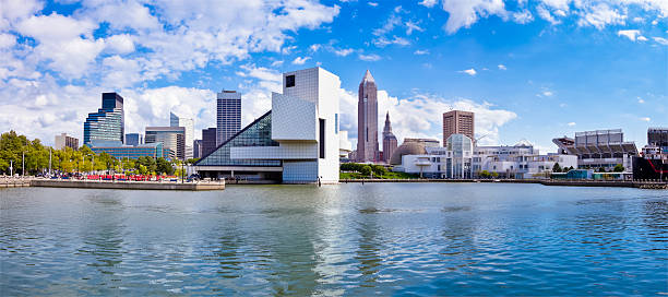 Cleveland Waterfront Panorama with Stadium, Museums and Cleveland Skyline  cleveland ohio photos stock pictures, royalty-free photos & images