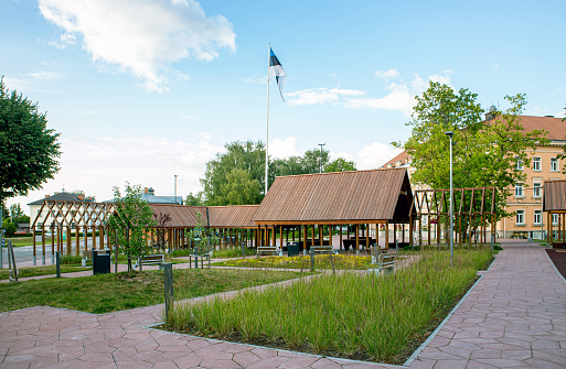 Otepää, Valga County, Estonia-14JUL2023: Main city square of Otepää or Otepaa in Estonia, Europe. Public leisure area park.