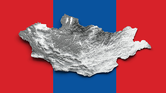 3d Mongolia Map Black And White Shaded Relief Map On Mongolia Flag Background 3d illustration\nSource Map Data: tangrams.github.io/heightmapper/,\nSoftware Cinema 4d