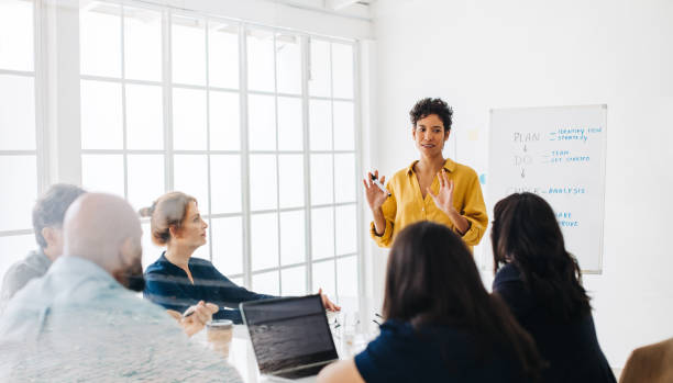 Female project manager having a meeting with her team in an office