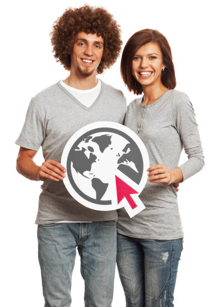 istock Smiling young couple holding internet sign isolated on white background. 155074297