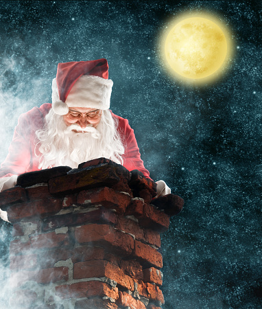 Santa looks at chimney. On night background