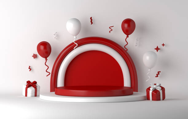 istock Indonesia independence day decoration podium display with balloon and gift box, copy space text, 3D rendering illustration 1550743893
