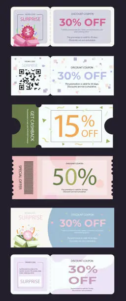 Vector illustration of Big set of coupons. Coupon design, discount coupon, coupon, gift coupon, design example. ready sample coupons, set of coupons, template, example. Stylish design