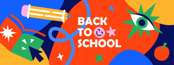 horizontal poster or web banner in trendy doodle style with geometric shapes, bold design elements and modern typography. back to school, college, education, study concept. templates for ads, branding - back to school stock illustrations