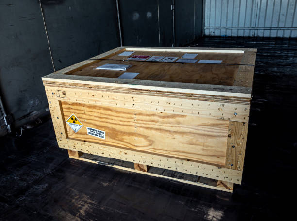istock Radiation label beside the transport wooden box Type A package 1550757091
