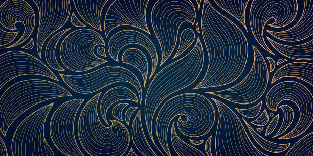 vektor goldene blätter, wirbelt art-deco-tapetenhintergrund, handgezeichnetes muster. liniendesign für innenarchitektur, textil, textur, poster, paket, verpackungen, geschenke. luxus. japanischer stil. - swirl blue textile backgrounds stock-grafiken, -clipart, -cartoons und -symbole