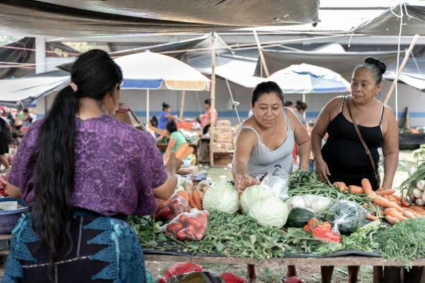 duas mulheres hispânicas adultas estão escolhendo vegetais em um mercado de rua - horizontal guatemala leaf vegetable market - fotografias e filmes do acervo