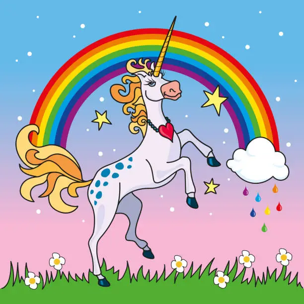 Vector illustration of Vector illustration of a unicorn rearing up in front of a rainbow.