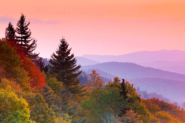 herbst sonnenaufgang - mountain mountain range north carolina blue stock-fotos und bilder