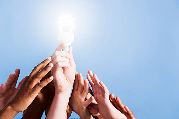 The concept of the idea of development and growth. A hand shows a light bulb with a sprout against the background of the sun.