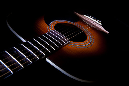 Acoustic guitar classical guitarist playing details. Musical instrument with musician hands. Focus is on the hand with instrument