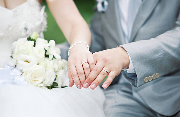 istock Wedding couple hands with rings 155077108