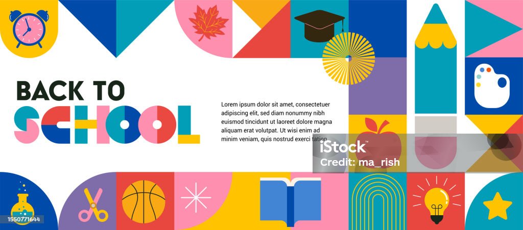 Retour à l’école, design géométrique de style moderne. Vente de rentrée, promotion, affiche et dépliant - clipart vectoriel de Niveau de scolarisation libre de droits Retour à l’école, design géométrique de style moderne. Vente de rentrée, promotion, affiche et dépliant - clipart vectoriel de Niveau de scolarisation libre de droits