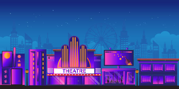 Movie theater or Cinema building ion night scene background. Movie theater or Cinema building on night scene background. Building exterior view in flat style vector illustration. movie-theater-exterior stock illustrations