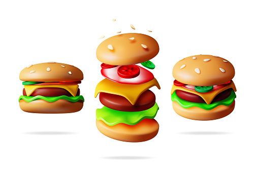 3D Tasty Burger Set in Different Angles. Render Collection of Burger Icon with Cucumber, Salad, Tomato, Cheese, Sauce, Bun with Sesame and Beef. Cheeseburger Fast Food. Realistic Vector Illustration.