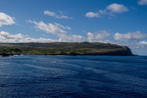 A wide angle shot of Easter Island as it lies in the Pacific Ocean