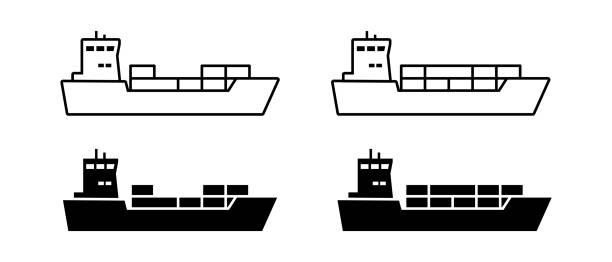 illustrazioni stock, clip art, cartoni animati e icone di tendenza di ð¡set di icone vettoriali della nave argo. simbolo della petroliera oceanica. cartello del contenitore di trasporto - fuel tanker transportation symbol mode of transport