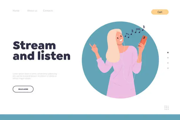 Vector illustration of Stream and listen music sound composition online service landing page design website template