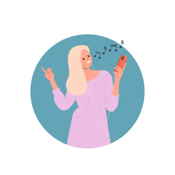 Vector illustration of Young female music lover character listening favorite melody and dancing tracks on mobile phone