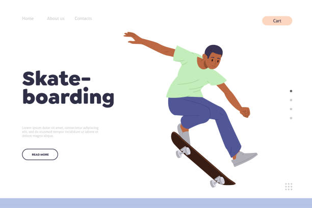 ilustrações, clipart, desenhos animados e ícones de modelo de design de página de destino de skate anunciando atividade de hobby de esporte radical para jovens - skateboard park skateboarding skateboard adolescence