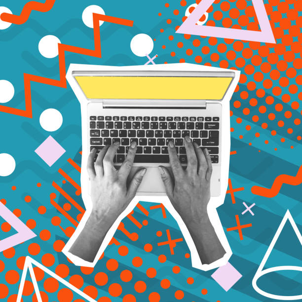 Contemporary art collage. Male hands typing on a laptop, working with financial analytics, growing virtual money. Concept of cryptocurrency, economy, modern technology, Internet. Creative design