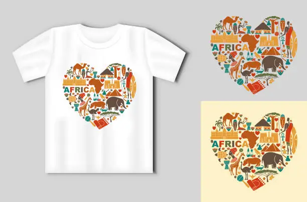 Vector illustration of Symbols of Africa in the form of heart. Travel concept with t-shirt mockup