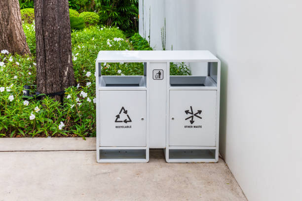 istock White bins with symbols and descriptions sorting waste under a garden plant with beautiful flowers. 1550908773