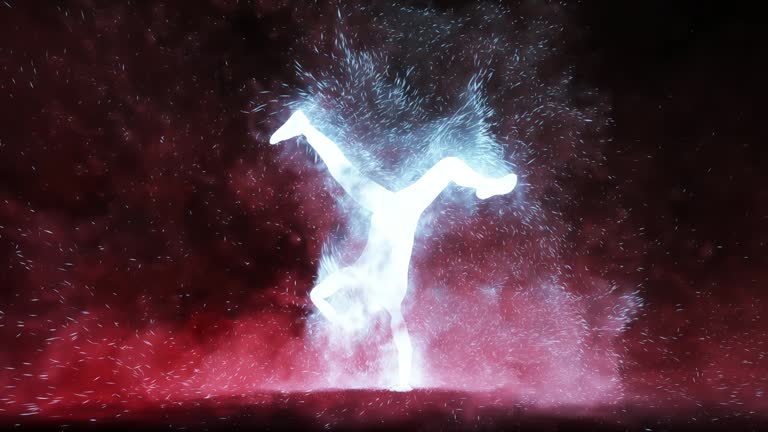 Break dancer making freezes, Red Horizontal 3D animation with particle simulation