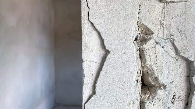 cracked concrete pillar of house that was being built was caused by mistake of plasterer, cement separate construction site.