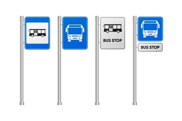 Vector illustration of Bus stop road sign collection. Flat design. Vector illustration. Bus stop road sign collection. Flat design. Vector illustration.