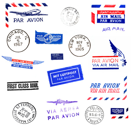 This is a package of a variety of Air Mail stamps and stickers, as well as circular postmarks from various world cities.  Air mail stamps are in French, Spanish, English, German, Italian and Arabic. City postmarks are from Paris, NYC, Chicago, Marseilles and Vatican City, dated 1965 through 1970.  All marks are from authentic mail correspondence photographed in macro detail.  All clean on white background, easy to add to your designs.