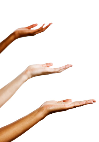 Three mixed female hands held out to the side, palms up, could be offering or begging. Isolated on white.