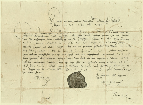 Charles V citatory letter to Martin Luther at the Diet of Worms on March 6, 1521. Facsimile after the original in the municipal library in Leipzig, Germany, published in 1881.