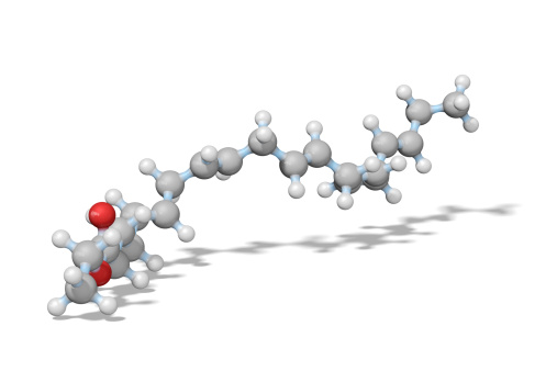 A ball and stick model of Ethyl Eicosapentaenoic Acid or E-EPA. It is an omega-3 polyunsaturated fatty acid.