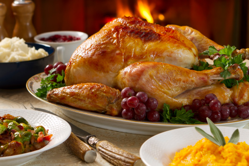 Holiday dinner with roast turkey, butternut squash, Brussels sprout, mashed potatoes, and cranberry sauce, all served by a roaring fire.