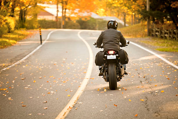 Rear view of a motorcycle rider on the highway Biker touring during a lovely Fall morning.  Short depth of field. Shot with 5DII. Fake license plate number. riding stock pictures, royalty-free photos & images