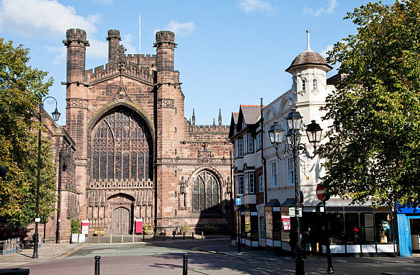 Chester Cathedral Entrance from St. Werburgh's Street Chester Cathedral Entrance with a partial view of St. Werburgh's Street. chester england stock pictures, royalty-free photos & images