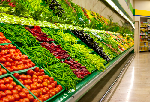 Vegetables on store counter. Sale of vegetables on market. Fresh fruit. Healthy food. Contamination of products in Russia.