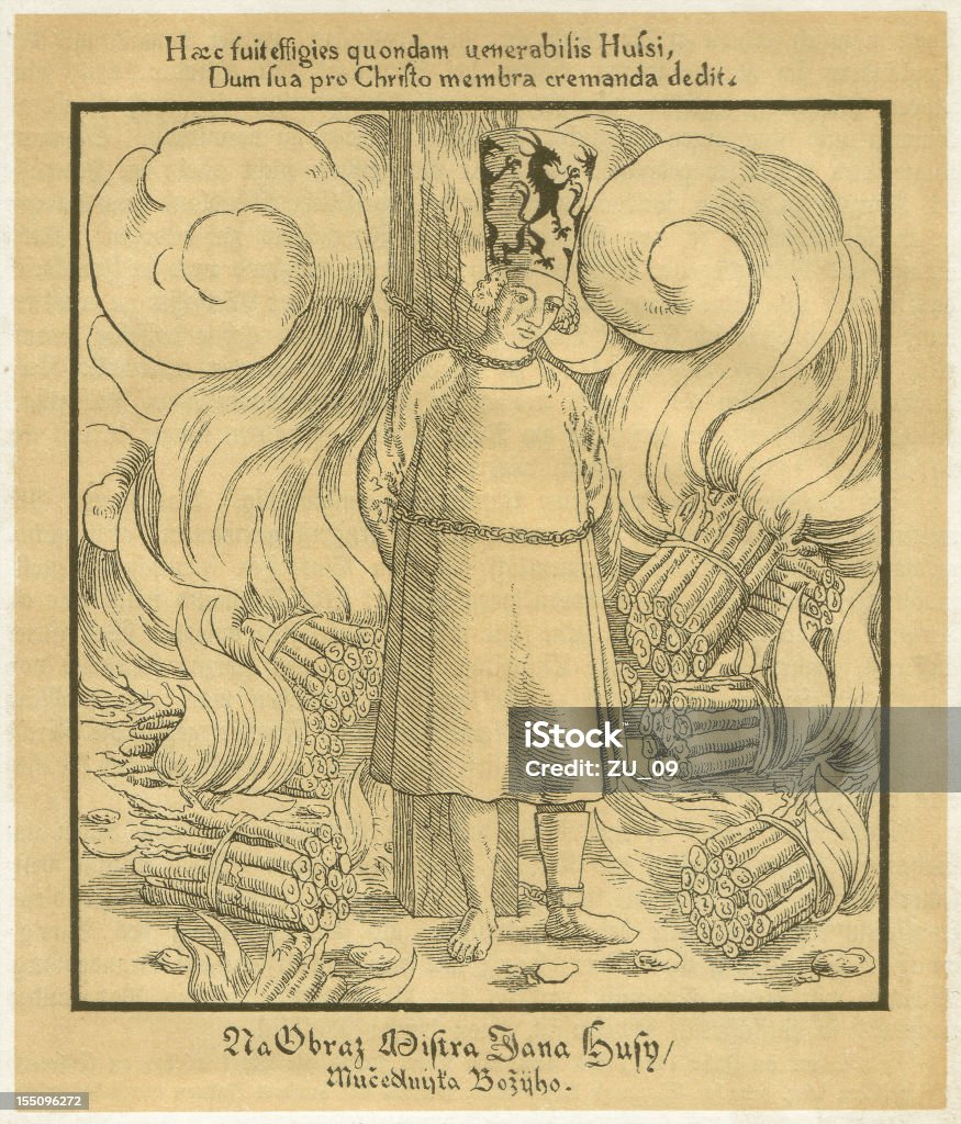 Январь ГУС (c. 1369-1415) на похороны pyre - Стоковые иллюстрации Ян Гус роялти-фри