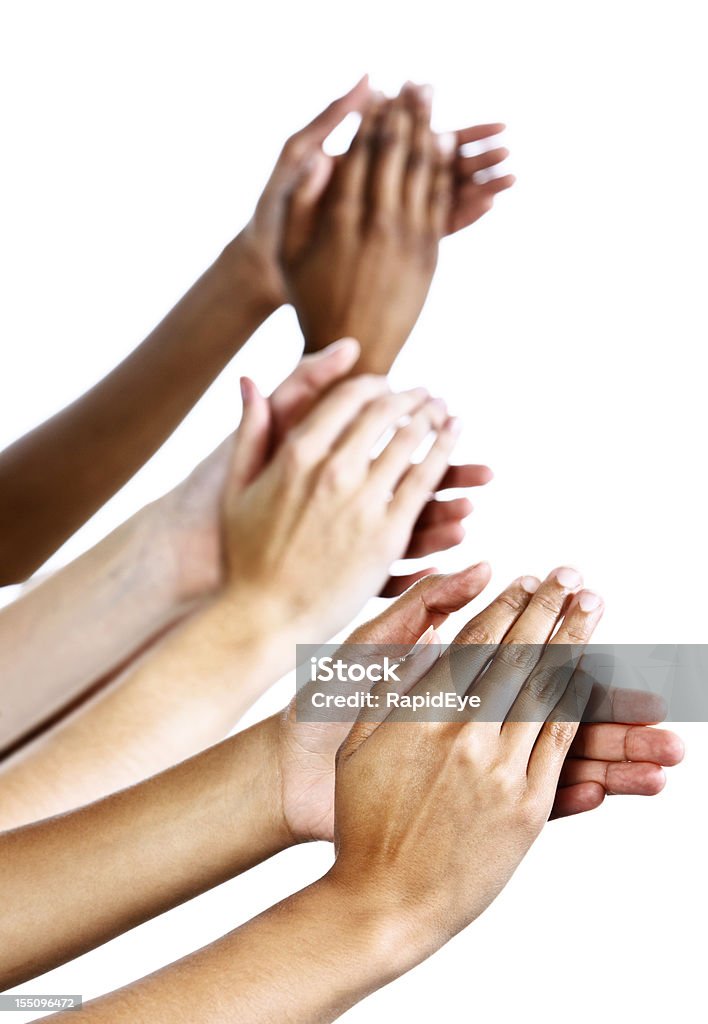 Applausi tre femmine mani clap con entusiasmo contro bianco - Foto stock royalty-free di Battere le mani - Esprimere a gesti