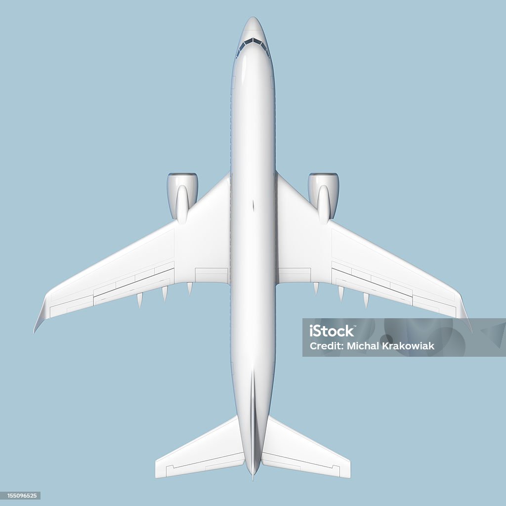 Vista superior do passageiro avião isolado no fundo azul - Foto de stock de Asa de aeronave royalty-free