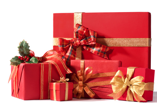 Red gift boxes tied with golden ribbons on white background. Happy New Year and Merry Christmas background. 3D render