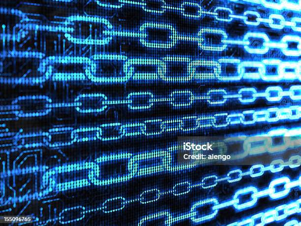 Blue Chains In Cyberspace On Black Stock Photo - Download Image Now - Chain - Object, Technology, Digitally Generated Image